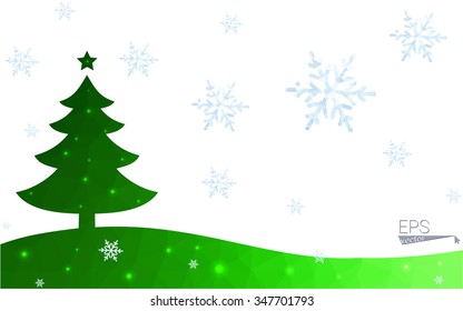 Green postcard low polygon style christmas tree vector illustration consisting of triangles.Abstract triangular polygonal origami or crystal design of New Year celebration.Isolated on white background