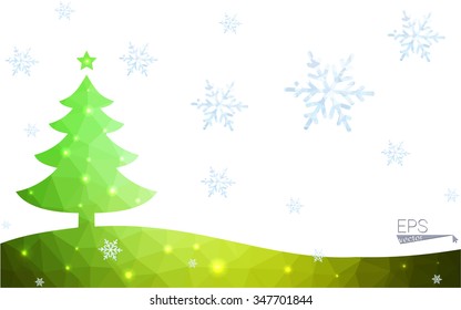 Green postcard low polygon style christmas tree vector illustration consisting of triangles.Abstract triangular polygonal origami or crystal design of New Year celebration.Isolated on white background