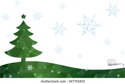 Green postcard low polygon style christmas tree vector illustration consisting of triangles.Abstract triangular polygonal origami or crystal design of New Year celebration.Isolated on white background