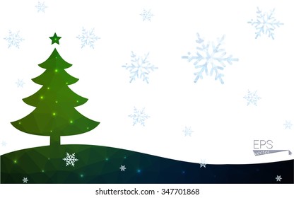 Green postcard low polygon style christmas tree vector illustration consisting of triangles.Abstract triangular polygonal origami or crystal design of New Year celebration.Isolated on white background
