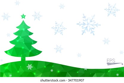 Green postcard low polygon style christmas tree vector illustration consisting of triangles.Abstract triangular polygonal origami or crystal design of New Year celebration.Isolated on white background