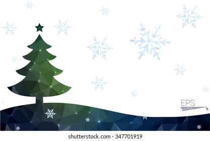 Green postcard low polygon style christmas tree vector illustration consisting of triangles.Abstract triangular polygonal origami or crystal design of New Year celebration.Isolated on white background