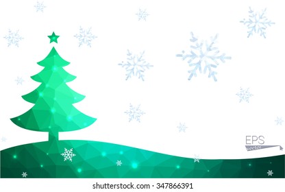 Green postcard low polygon style christmas tree vector illustration consisting of triangles.Abstract triangular polygonal origami or crystal design of New Year celebration.Isolated on white background
