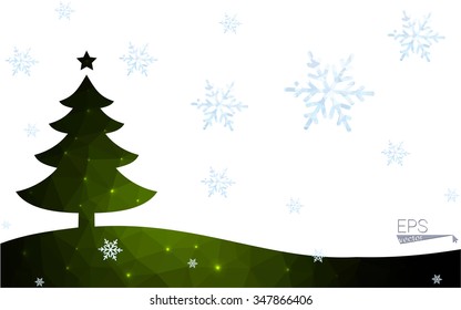 Green postcard low polygon style christmas tree vector illustration consisting of triangles.Abstract triangular polygonal origami or crystal design of New Year celebration.Isolated on white background