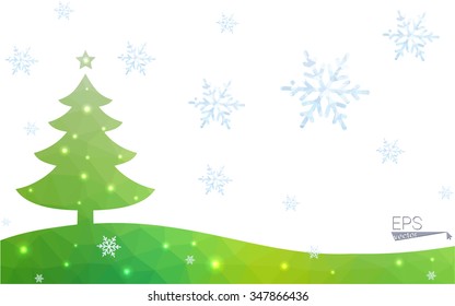 Green postcard low polygon style christmas tree vector illustration consisting of triangles.Abstract triangular polygonal origami or crystal design of New Year celebration.Isolated on white background