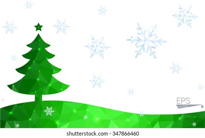 Green postcard low polygon style christmas tree vector illustration consisting of triangles.Abstract triangular polygonal origami or crystal design of New Year celebration.Isolated on white background