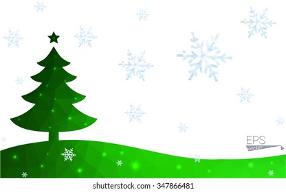 Green postcard low polygon style christmas tree vector illustration consisting of triangles.Abstract triangular polygonal origami or crystal design of New Year celebration.Isolated on white background