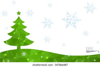 Green postcard low polygon style christmas tree vector illustration consisting of triangles.Abstract triangular polygonal origami or crystal design of New Year celebration.Isolated on white background