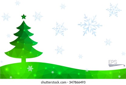Green postcard low polygon style christmas tree vector illustration consisting of triangles.Abstract triangular polygonal origami or crystal design of New Year celebration.Isolated on white background