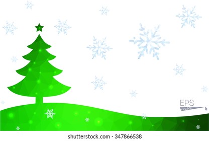 Green postcard low polygon style christmas tree vector illustration consisting of triangles.Abstract triangular polygonal origami or crystal design of New Year celebration.Isolated on white background