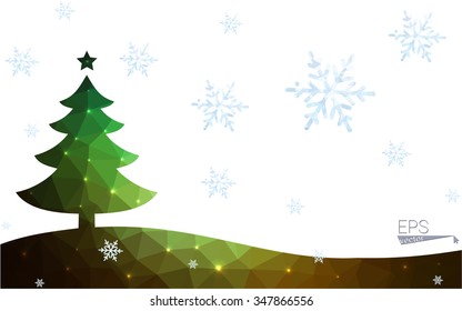 Green postcard low polygon style christmas tree vector illustration consisting of triangles.Abstract triangular polygonal origami or crystal design of New Year celebration.Isolated on white background Green postcard low polygon style christmas tree vector illustration consisting of triangles.Abstract triangular polygonal origami or crystal design of New Year celebration.Isolated on white background