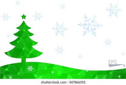 Green postcard low polygon style christmas tree vector illustration consisting of triangles.Abstract triangular polygonal origami or crystal design of New Year celebration.Isolated on white background