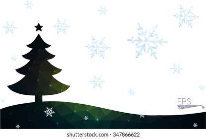 Green postcard low polygon style christmas tree vector illustration consisting of triangles.Abstract triangular polygonal origami or crystal design of New Year celebration.Isolated on white background