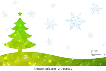 Green postcard low polygon style christmas tree vector illustration consisting of triangles.Abstract triangular polygonal origami or crystal design of New Year celebration.Isolated on white background