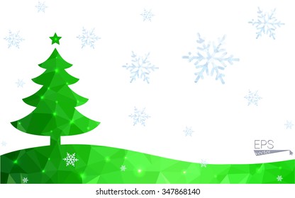 Green postcard low polygon style christmas tree vector illustration consisting of triangles.Abstract triangular polygonal origami or crystal design of New Year celebration.Isolated on white background
