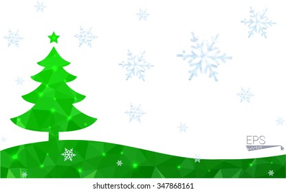 Green postcard low polygon style christmas tree vector illustration consisting of triangles.Abstract triangular polygonal origami or crystal design of New Year celebration.Isolated on white background
