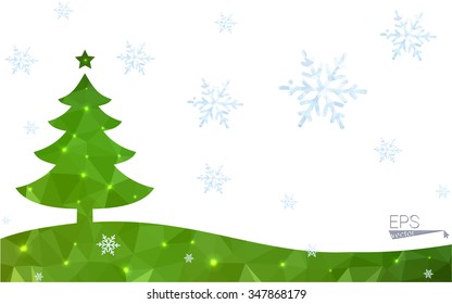 Green Postcard Low Polygon Style Christmas Tree Vector Illustration Consisting Of Triangles.Abstract Triangular Polygonal Origami Or Crystal Design Of New Year Celebration.Isolated On White Background