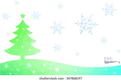 Green postcard low polygon style christmas tree vector illustration consisting of triangles.Abstract triangular polygonal origami or crystal design of New Year celebration.Isolated on white background