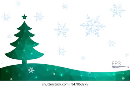 Green postcard low polygon style christmas tree vector illustration consisting of triangles.Abstract triangular polygonal origami or crystal design of New Year celebration.Isolated on white background