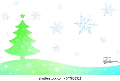 Green postcard low polygon style christmas tree vector illustration consisting of triangles.Abstract triangular polygonal origami or crystal design of New Year celebration.Isolated on white background