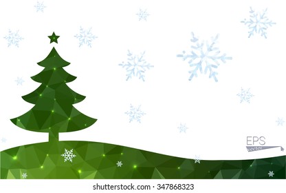 Green postcard low polygon style christmas tree vector illustration consisting of triangles.Abstract triangular polygonal origami or crystal design of New Year celebration.Isolated on white background
