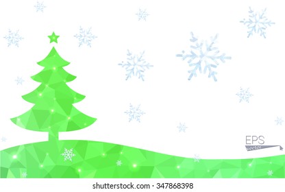 Green postcard low polygon style christmas tree vector illustration consisting of triangles.Abstract triangular polygonal origami or crystal design of New Year celebration.Isolated on white background