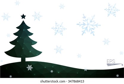 Green postcard low polygon style christmas tree vector illustration consisting of triangles.Abstract triangular polygonal origami or crystal design of New Year celebration.Isolated on white background
