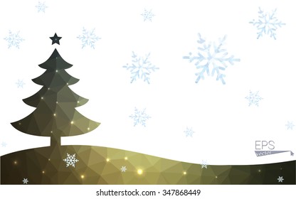 Green postcard low polygon style christmas tree vector illustration consisting of triangles.Abstract triangular polygonal origami or crystal design of New Year celebration.Isolated on white background