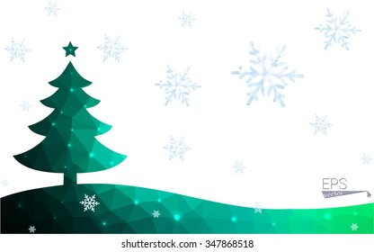 Green postcard low polygon style christmas tree vector illustration consisting of triangles.Abstract triangular polygonal origami or crystal design of New Year celebration.Isolated on white background