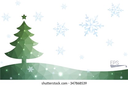 Green postcard low polygon style christmas tree vector illustration consisting of triangles.Abstract triangular polygonal origami or crystal design of New Year celebration.Isolated on white background