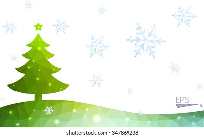 Green postcard low polygon style christmas tree vector illustration consisting of triangles.Abstract triangular polygonal origami or crystal design of New Year celebration.Isolated on white background