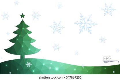 Green postcard low polygon style christmas tree vector illustration consisting of triangles.Abstract triangular polygonal origami or crystal design of New Year celebration.Isolated on white background