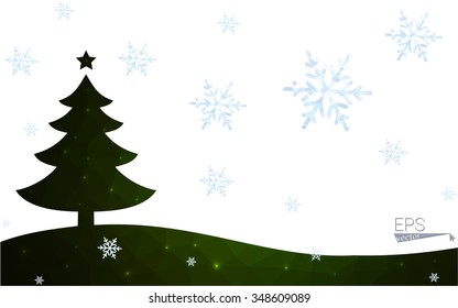 Green postcard low polygon style christmas tree vector illustration consisting of triangles.Abstract triangular polygonal origami or crystal design of New Year celebration.Isolated on white background