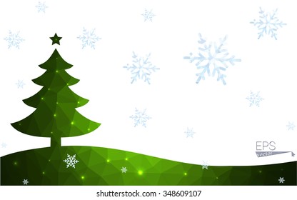 Green postcard low polygon style christmas tree vector illustration consisting of triangles.Abstract triangular polygonal origami or crystal design of New Year celebration.Isolated on white background