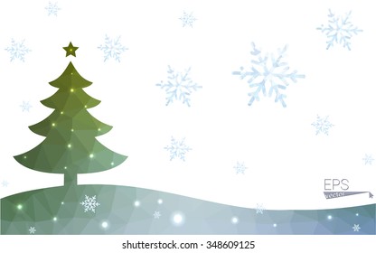 Green postcard low polygon style christmas tree vector illustration consisting of triangles.Abstract triangular polygonal origami or crystal design of New Year celebration.Isolated on white background