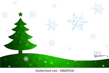 Green postcard low polygon style christmas tree vector illustration consisting of triangles.Abstract triangular polygonal origami or crystal design of New Year celebration.Isolated on white background