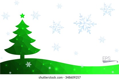 Green postcard low polygon style christmas tree vector illustration consisting of triangles.Abstract triangular polygonal origami or crystal design of New Year celebration.Isolated on white background