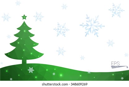 Green postcard low polygon style christmas tree vector illustration consisting of triangles.Abstract triangular polygonal origami or crystal design of New Year celebration.Isolated on white background