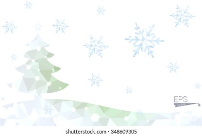 Green postcard low polygon style christmas tree vector illustration consisting of triangles.Abstract triangular polygonal origami or crystal design of New Year celebration.Isolated on white background