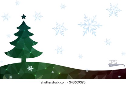 Green postcard low polygon style christmas tree vector illustration consisting of triangles.Abstract triangular polygonal origami or crystal design of New Year celebration.Isolated on white background