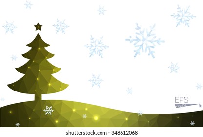 Green postcard low polygon style christmas tree vector illustration consisting of triangles.Abstract triangular polygonal origami or crystal design of New Year celebration.Isolated on white background