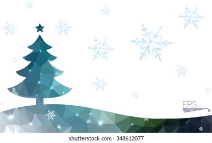 Green postcard low polygon style christmas tree vector illustration consisting of triangles.Abstract triangular polygonal origami or crystal design of New Year celebration.Isolated on white background