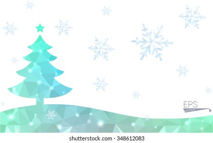 Green postcard low polygon style christmas tree vector illustration consisting of triangles.Abstract triangular polygonal origami or crystal design of New Year celebration.Isolated on white background