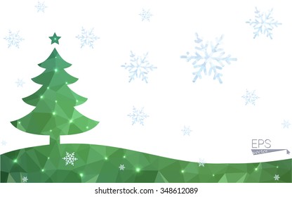 Green postcard low polygon style christmas tree vector illustration consisting of triangles.Abstract triangular polygonal origami or crystal design of New Year celebration.Isolated on white background
