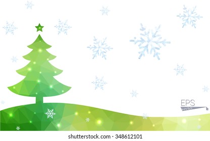 Green postcard low polygon style christmas tree vector illustration consisting of triangles.Abstract triangular polygonal origami or crystal design of New Year celebration.Isolated on white background