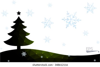 Green postcard low polygon style christmas tree vector illustration consisting of triangles.Abstract triangular polygonal origami or crystal design of New Year celebration.Isolated on white background