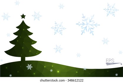 Green postcard low polygon style christmas tree vector illustration consisting of triangles.Abstract triangular polygonal origami or crystal design of New Year celebration.Isolated on white background