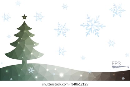 Green postcard low polygon style christmas tree vector illustration consisting of triangles.Abstract triangular polygonal origami or crystal design of New Year celebration.Isolated on white background