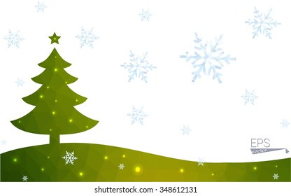 Green postcard low polygon style christmas tree vector illustration consisting of triangles.Abstract triangular polygonal origami or crystal design of New Year celebration.Isolated on white background