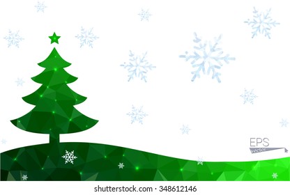 Green postcard low polygon style christmas tree vector illustration consisting of triangles.Abstract triangular polygonal origami or crystal design of New Year celebration.Isolated on white background